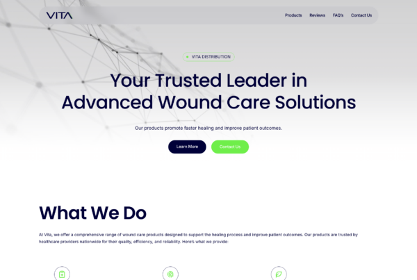 Vita Distribution website screenshot highlighting advanced wound care solutions and healthcare leadership